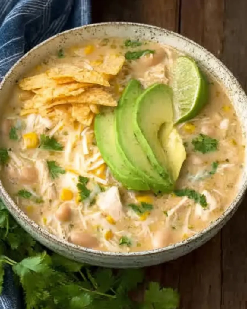 A hearty bowl of White Chicken Chili topped with avocado slices, shredded cheese, and fresh cilantro, served with tortilla chips.