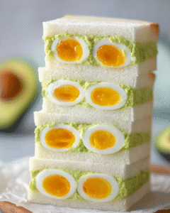 Japanese Style Avocado Egg Salad sandwich stacked with soft-boiled eggs and creamy avocado filling on white bread.