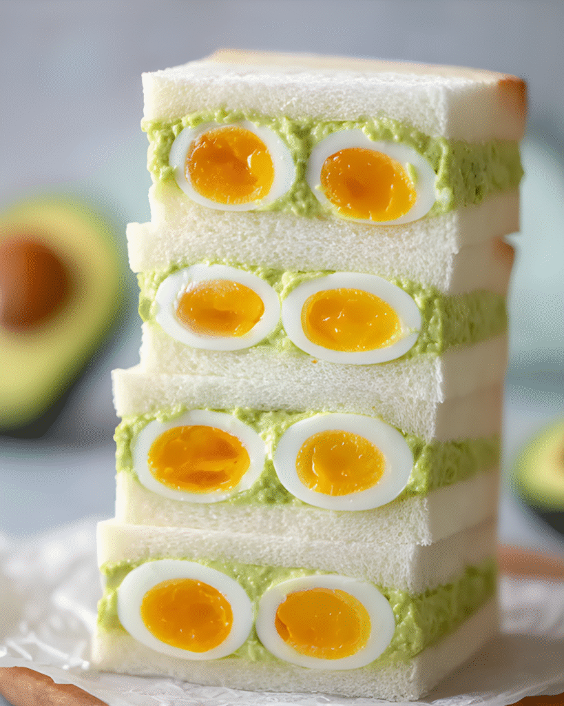 Japanese Style Avocado Egg Salad sandwich stacked with soft-boiled eggs and creamy avocado filling on white bread.