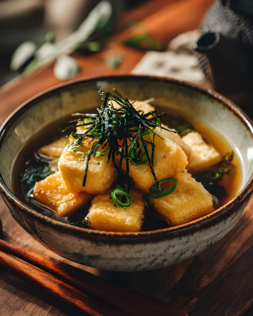 Agedashi Tofu served in a savory dashi broth topped with shredded nori and sliced green onions in a rustic Japanese bowl.