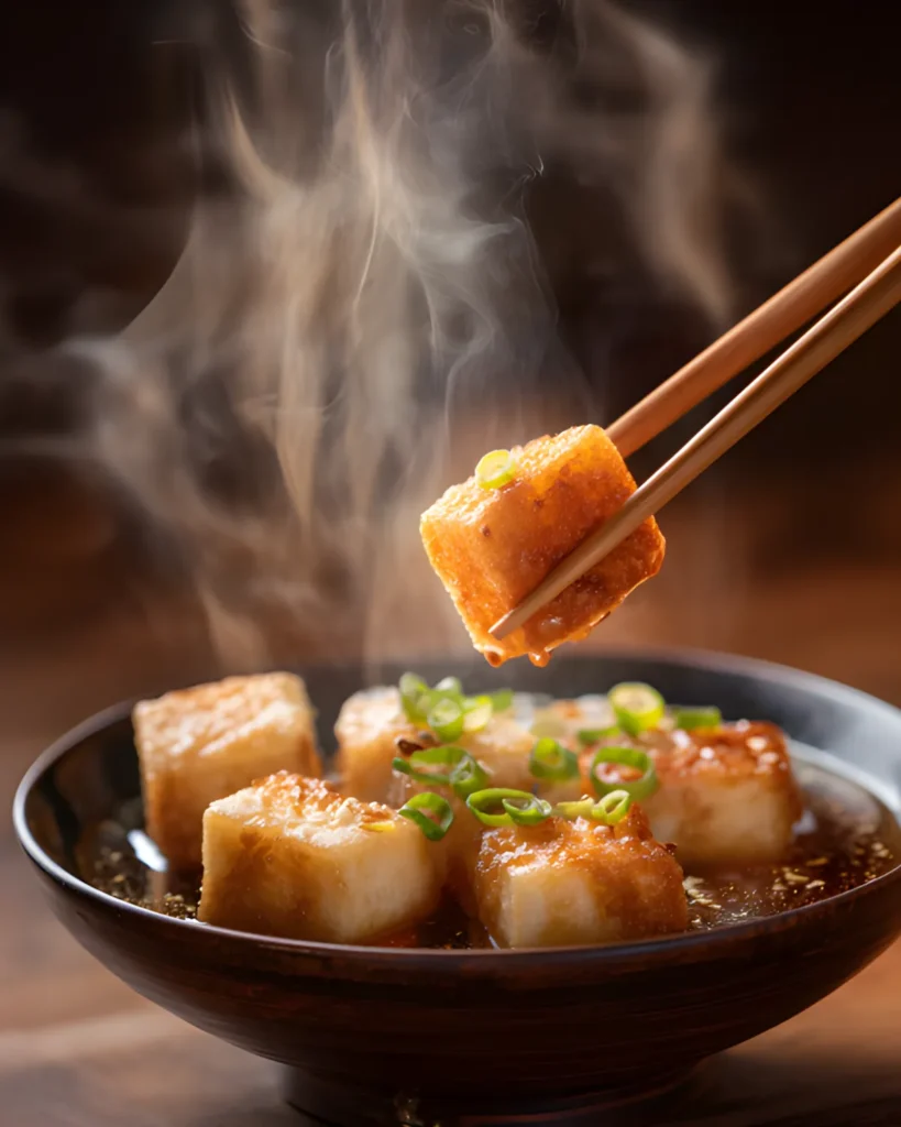 Agedashi Tofu with crispy golden exterior lifted by chopsticks over a bowl of savory dashi broth, garnished with sliced green onions and sesame seeds.