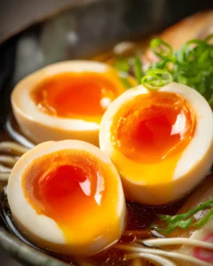 AJITAMA egg halves with jammy soft yolks served in ramen broth with noodles and green onions