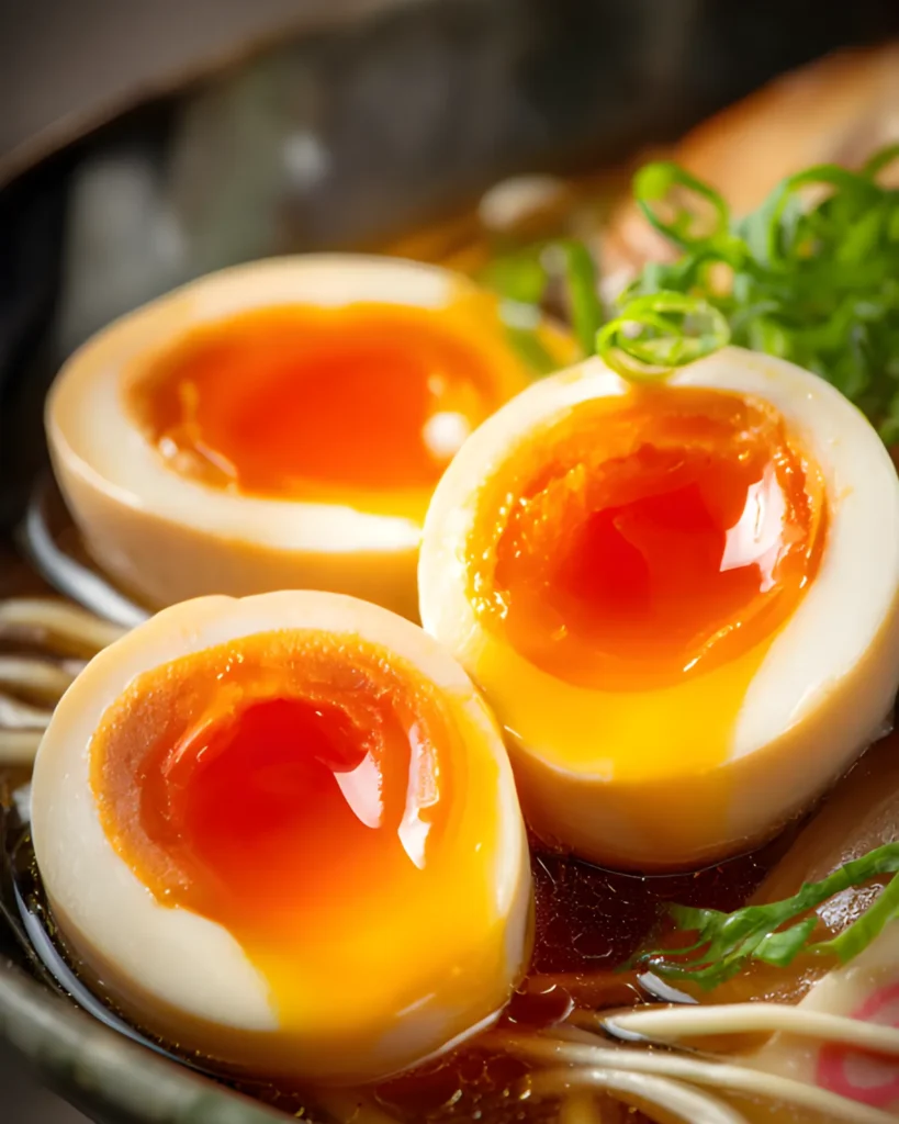 AJITAMA egg halves with jammy soft yolks served in ramen broth with noodles and green onions