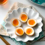 AJITAMA egg halves with jammy yolks served on a white plate with chopsticks
