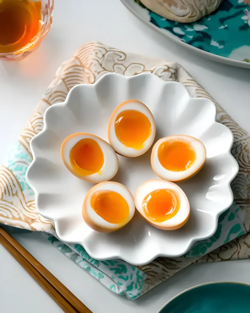 AJITAMA egg halves with jammy yolks served on a white plate with chopsticks