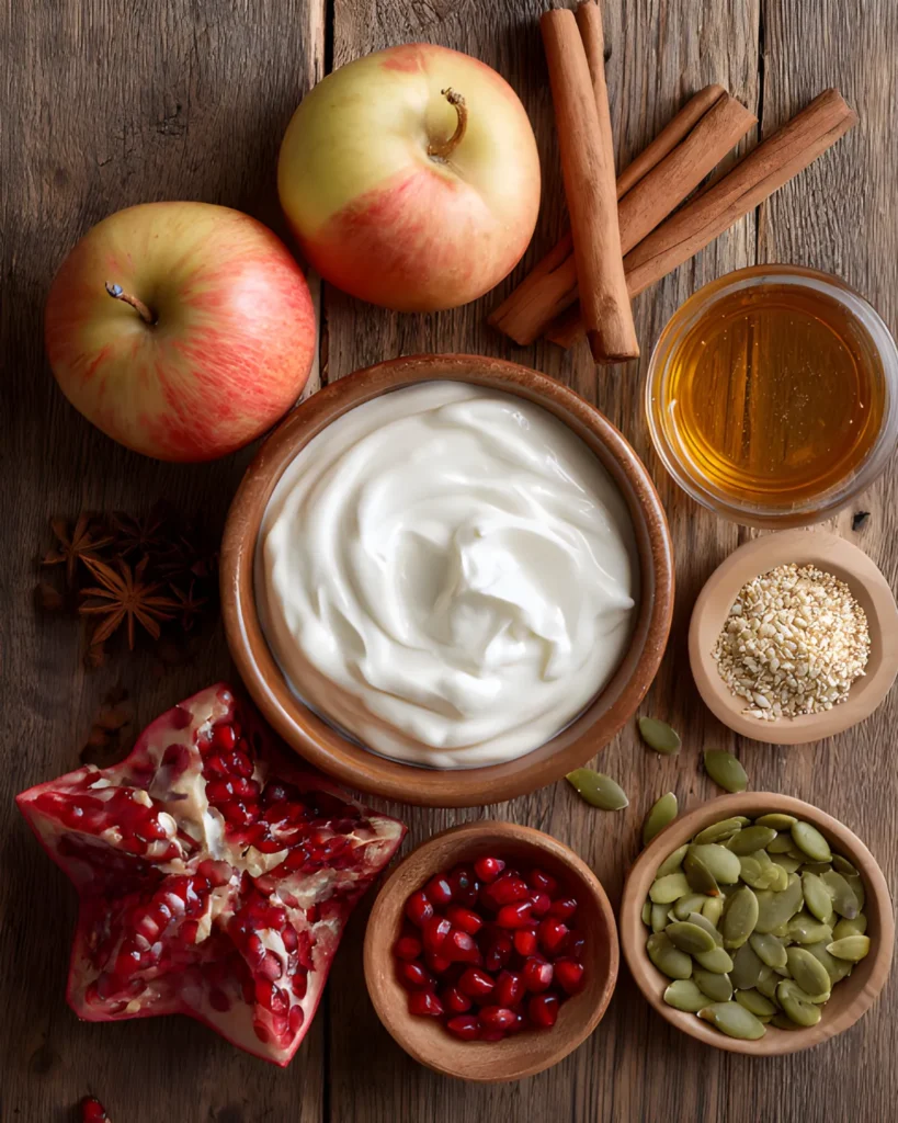 Flat lay of Apple Cinnamon Yogurt Bowl ingredients including apples, yogurt, pomegranate, cinnamon sticks, honey, sesame seeds, and pumpkin seeds