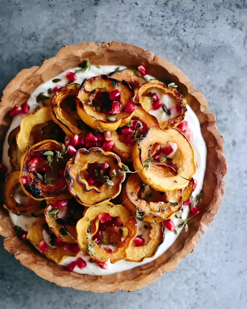 Apple Cinnamon Yogurt Bowl topped with roasted squash rings, pomegranate seeds, and fresh thyme in a rustic wooden bowl