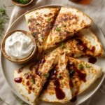 Sliced BBQ chicken quesadillas on a plate with sour cream, barbecue sauce drizzle, and jalapeño garnish