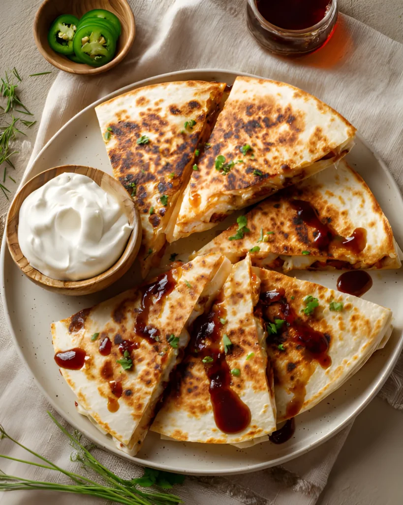 Sliced BBQ chicken quesadillas on a plate with sour cream, barbecue sauce drizzle, and jalapeño garnish