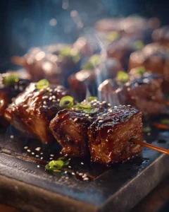 Glazed Beef Kushiyaki skewers topped with sesame seeds and green onions on a hot grill plate
