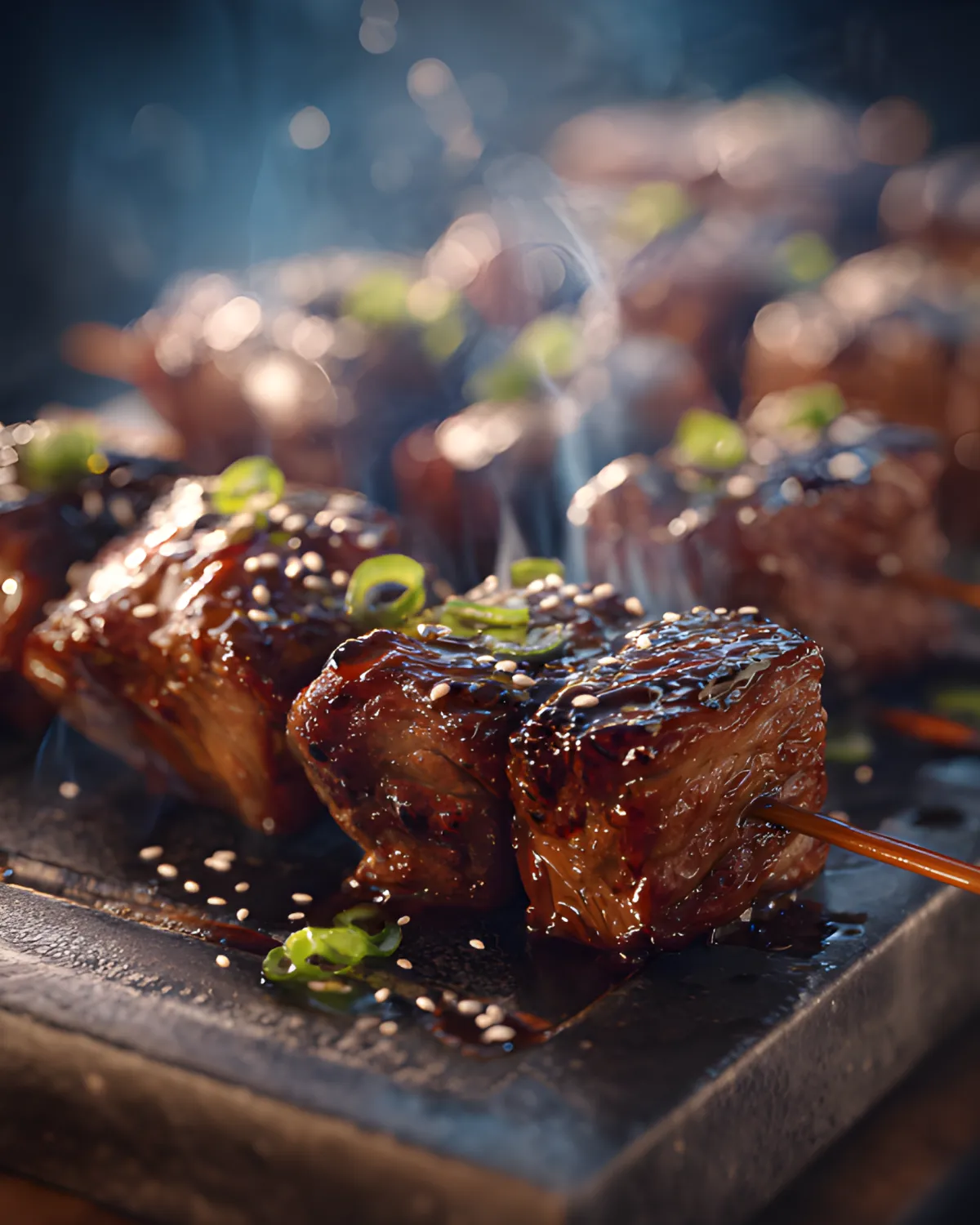 Glazed Beef Kushiyaki skewers topped with sesame seeds and green onions on a hot grill plate