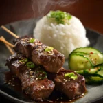 Beef Kushiyaki skewers grilling over open flames with sesame seeds and glaze
