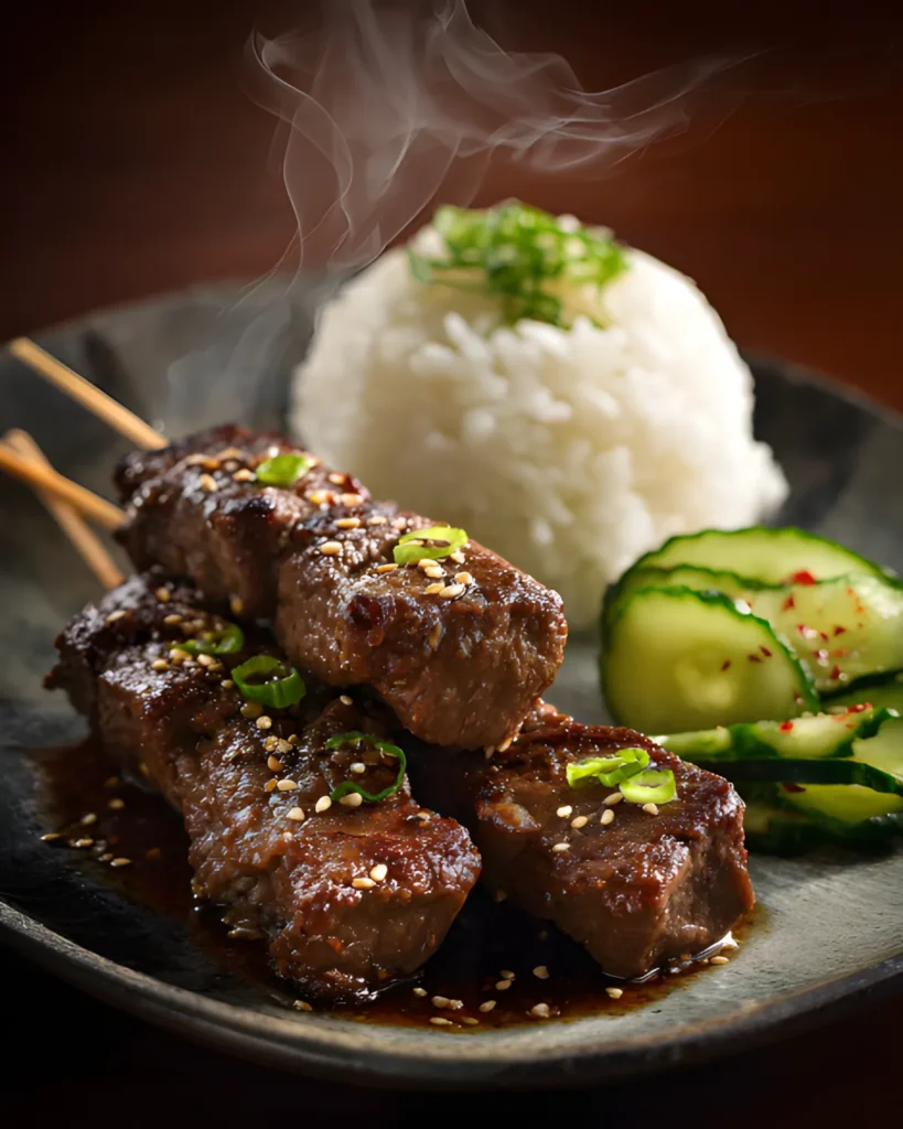 Beef Kushiyaki skewers grilling over open flames with sesame seeds and glaze