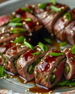 Sliced Beef Negimaki rolls glazed in teriyaki sauce and topped with sesame seeds and green onions on a ceramic plate.