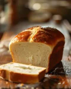 Best Amish White Bread loaf with a golden crust and soft fluffy interior sliced on a wooden table.