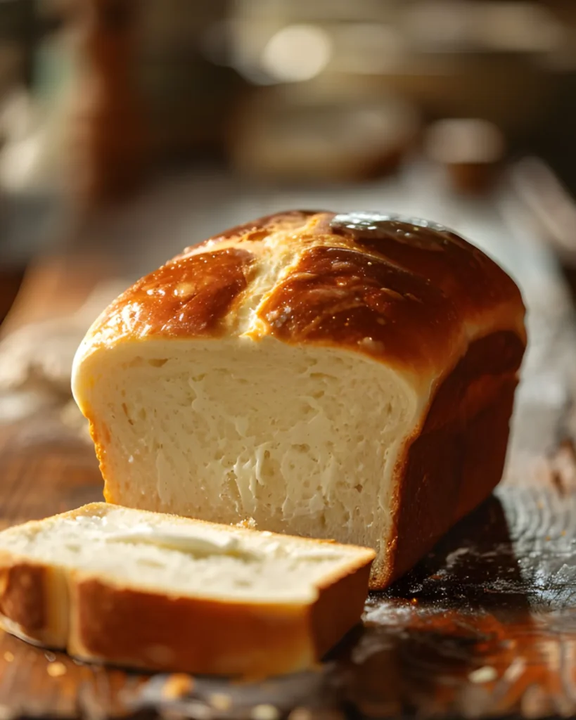 Best Amish White Bread loaf with a golden crust and soft fluffy interior sliced on a wooden table.