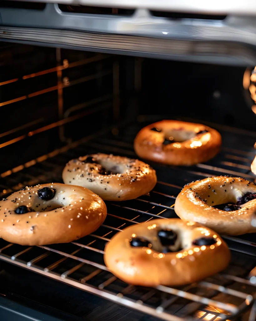 Freshly baked bagels with blueberries baking in the oven for a homemade Blueberry Bagel Recipe