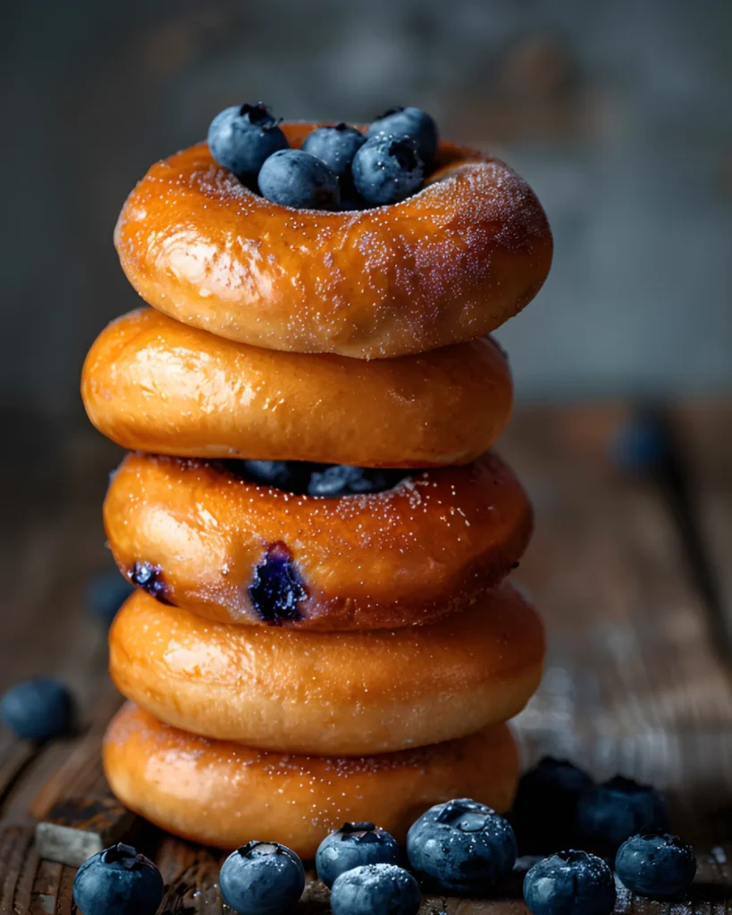 Stack of freshly baked bagels with blueberries on top and inside for a Blueberry Bagel Recipe