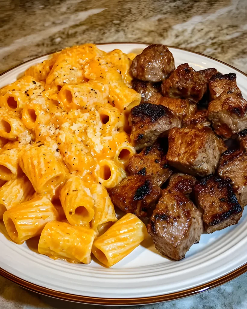 Cajun steak pasta served with creamy rigatoni and grilled steak bites on a white plate