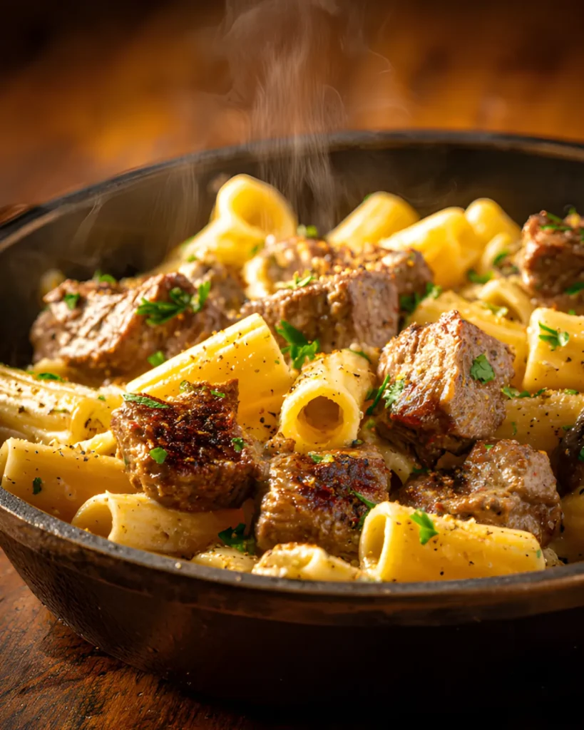 Hearty Cajun steak pasta with rigatoni and seared beef cubes in a cast iron skillet