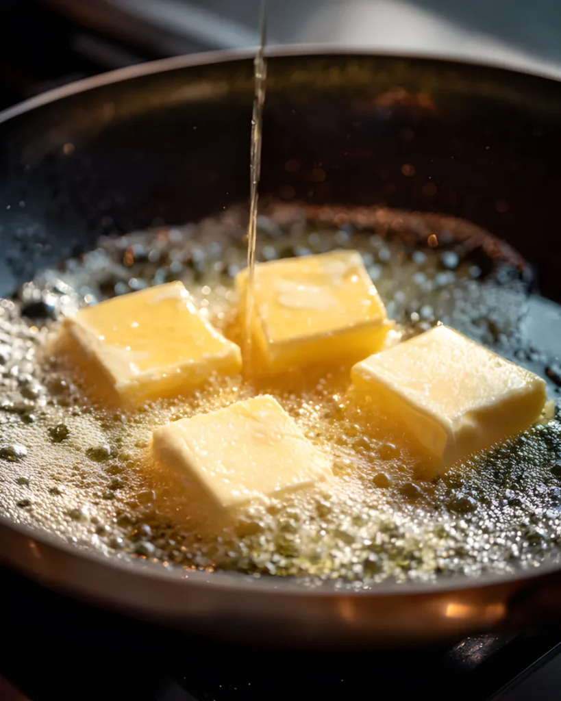 Butter melting in a skillet to prepare candied sweet potatoes glaze.