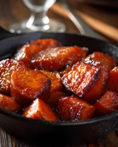 Close-up of candied sweet potatoes caramelized in a skillet with a glossy brown sugar glaze.