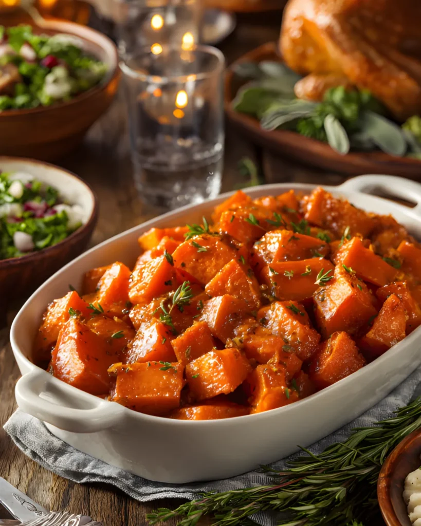 Serving dish of candied sweet potatoes garnished with fresh herbs on a holiday dinner table.