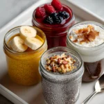 Assorted chia seed pudding flavors in jars topped with banana, berries, granola, and coconut
