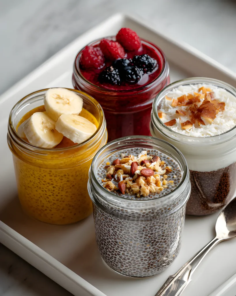 Assorted chia seed pudding flavors in jars topped with banana, berries, granola, and coconut
