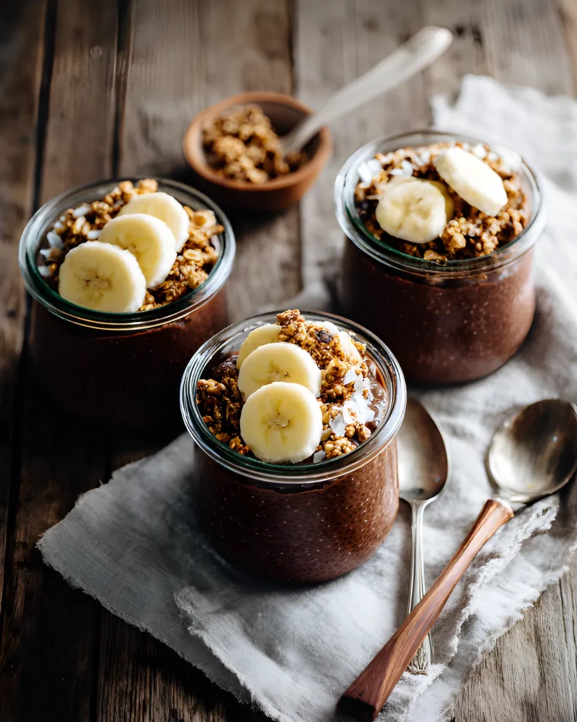 Chia seed pudding topped with banana slices and granola in glass jars on rustic wood