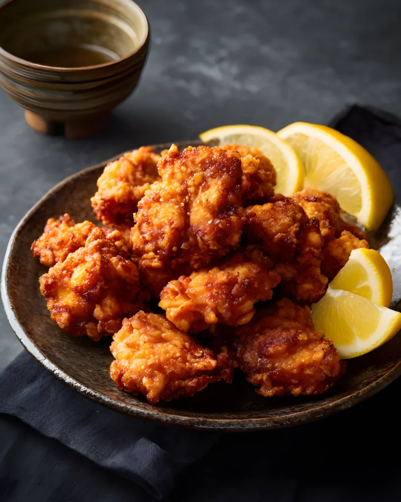 Chicken Karaage served on a plate with lemon wedges and crispy golden coating