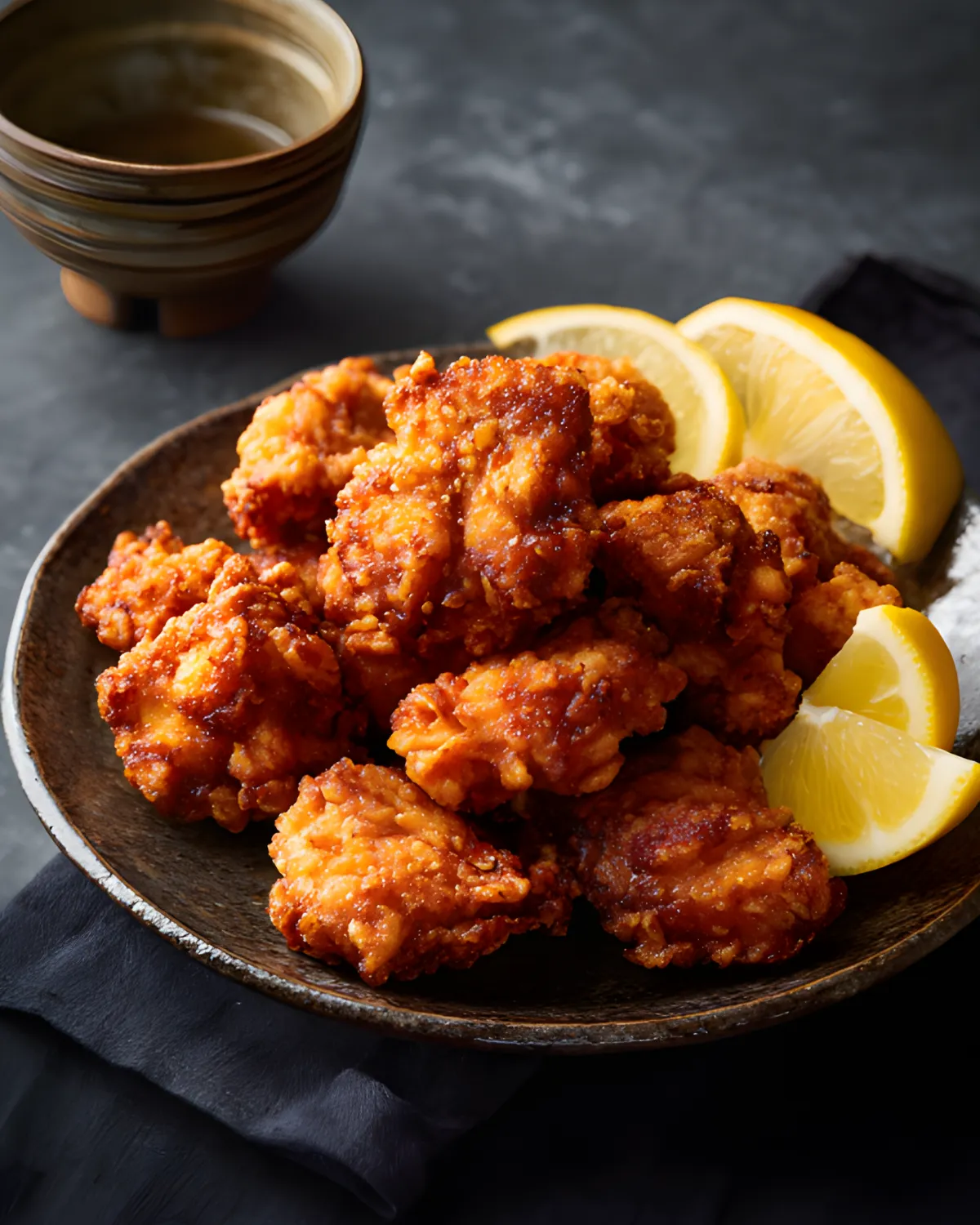 Chicken Karaage served on a plate with lemon wedges and crispy golden coating