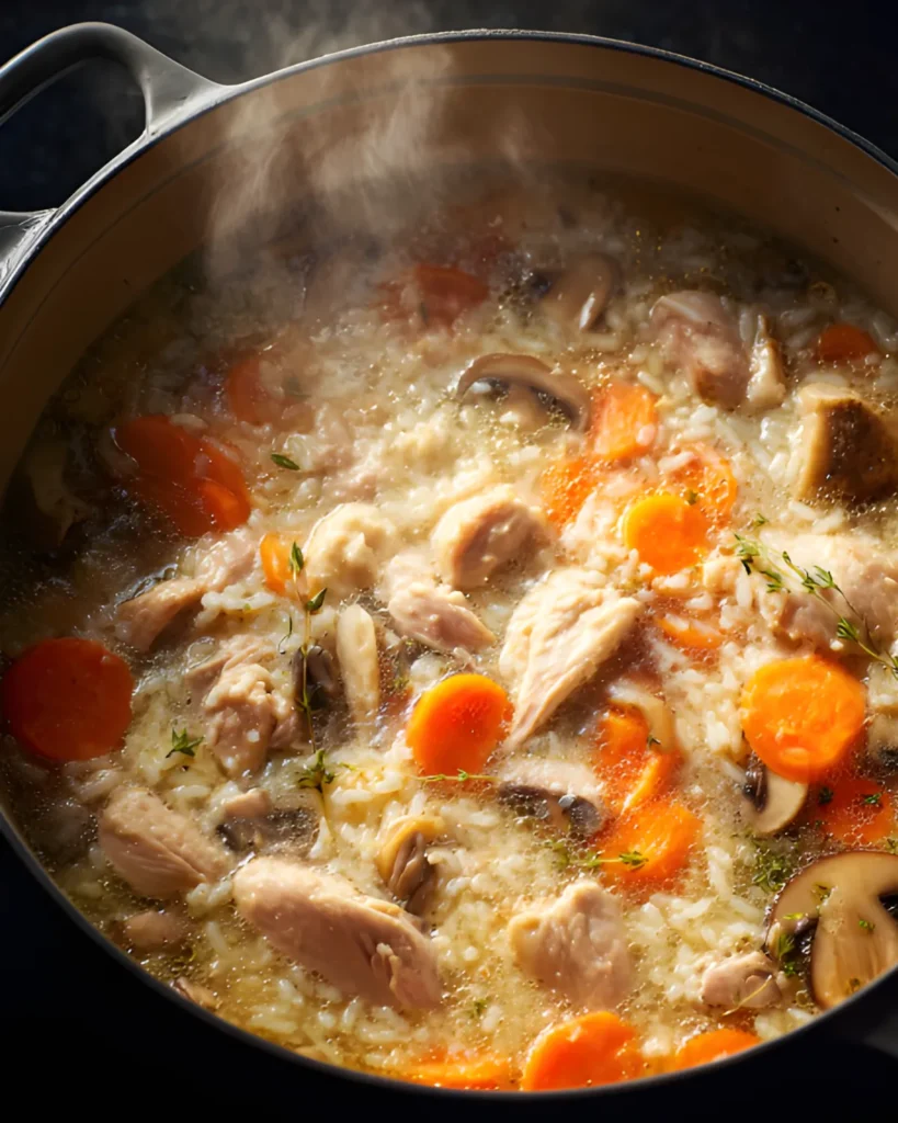 Chicken Zosui simmering in a pot with shredded chicken, rice, carrots, mushrooms, and herbs in a savory broth.