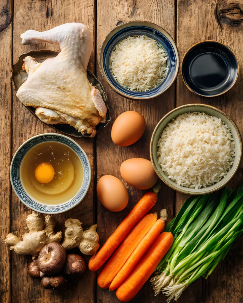 Chicken Zosui ingredients including raw chicken leg, cooked white rice, eggs, carrots, green onions, ginger, mushrooms, soy sauce, and broth arranged on a wooden table.