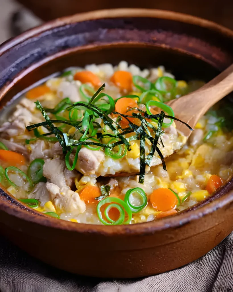 Chicken Zosui close-up in a rustic bowl with shredded chicken, soft rice, carrots, green onions, corn, and shredded nori garnish.
