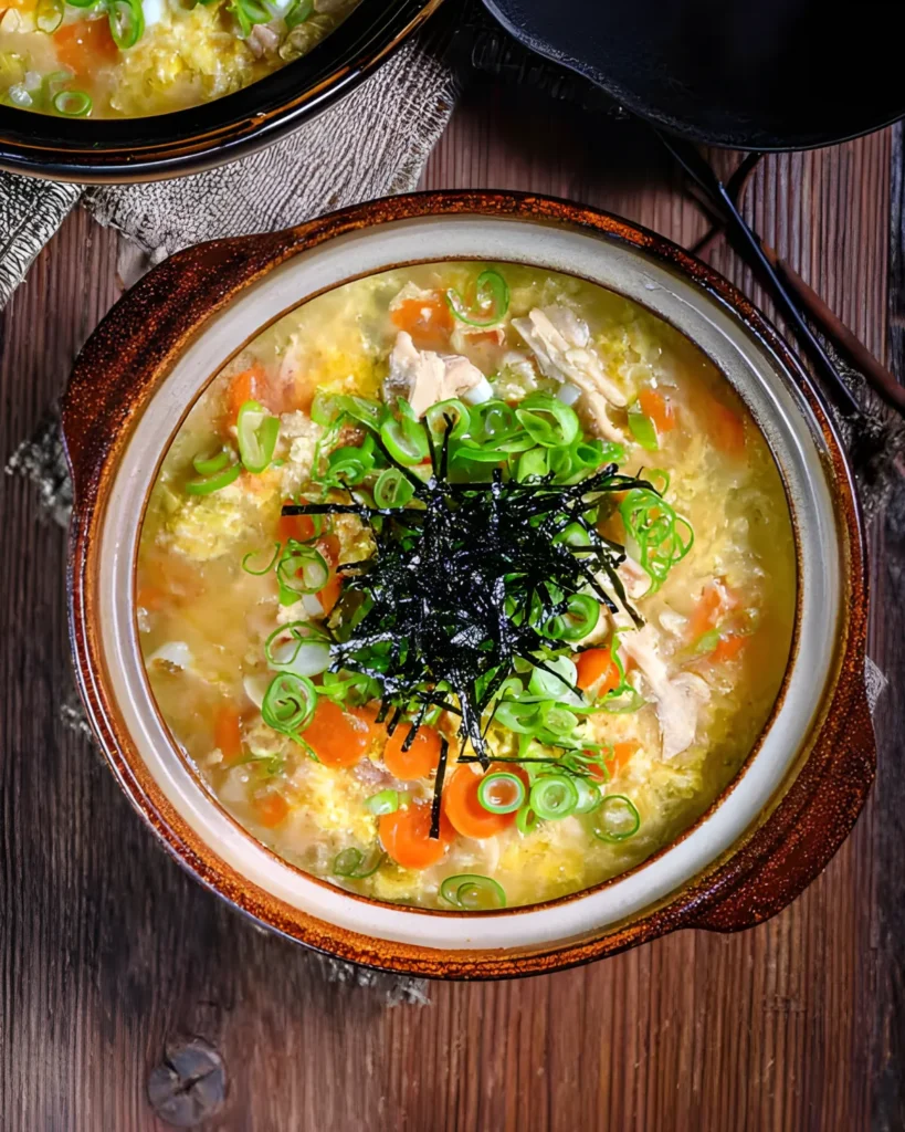 Chicken Zosui served in a rustic bowl, featuring Japanese rice soup with shredded chicken, soft egg, carrots, green onions, and shredded nori on top.