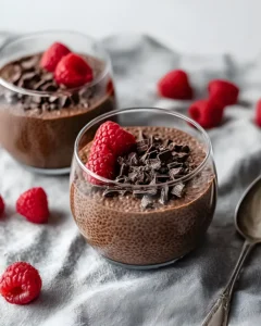 Chocolate chia pudding topped with fresh raspberries and dark chocolate shavings in a glass cup