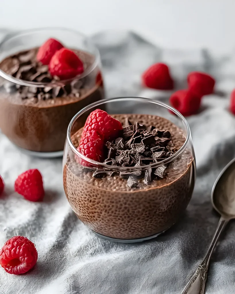 Chocolate chia pudding topped with fresh raspberries and dark chocolate shavings in a glass cup