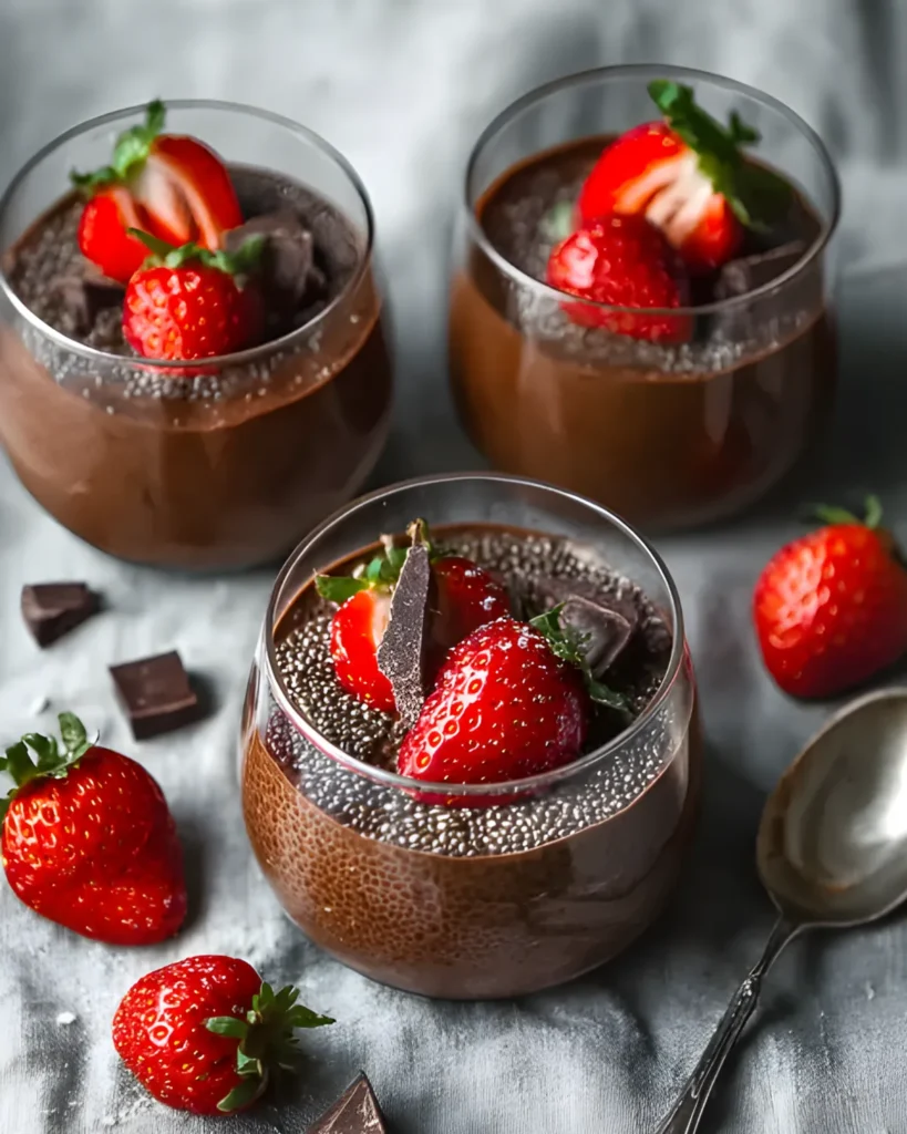 Chocolate chia pudding topped with fresh strawberries and dark chocolate in glass cups