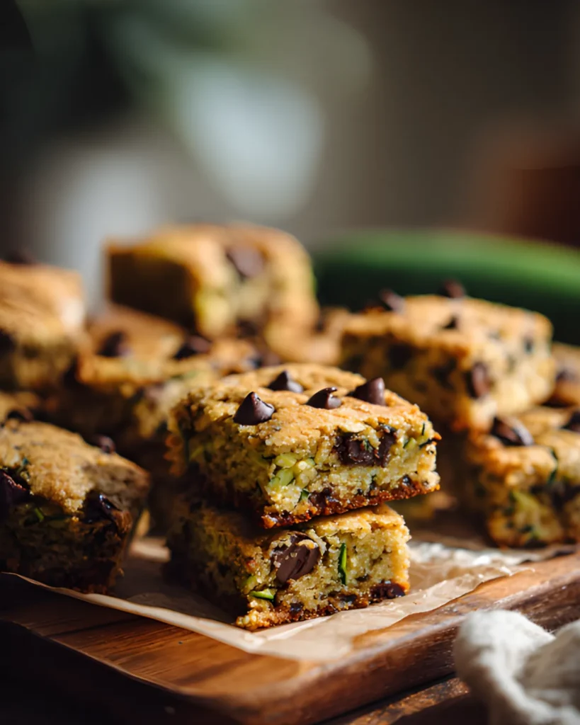 Stacked Chocolate Chip Zucchini Cookie Bars on a wooden board with visible chocolate chips and shredded zucchini in a soft, golden crumb.