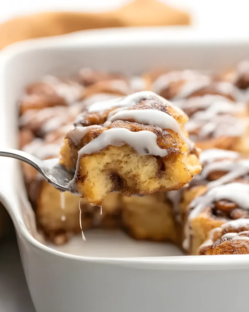 A close-up of cinnamon roll casserole being served with icing dripping off the baked layers