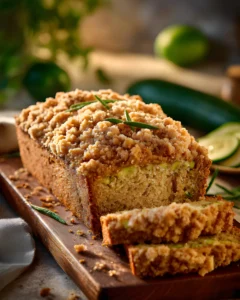 Freshly baked Cinnamon Streusel Topped Zucchini Bread loaf sliced on a wooden board with crumb topping and visible zucchini pieces.