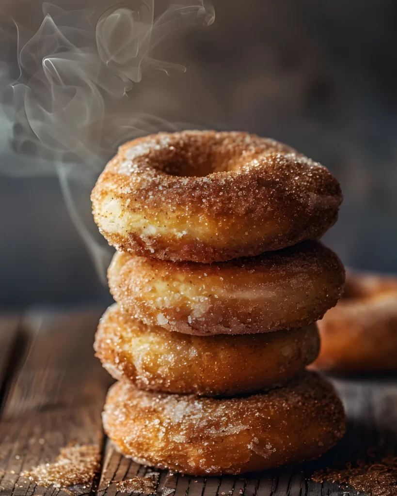Stack of freshly baked Cinnamon Sugar Crunch Bagels coated in cinnamon sugar with steam rising on a rustic wooden table