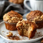 Coffee cake muffins with cinnamon crumb topping, one with a bite taken out, served with coffee on a marble background.
