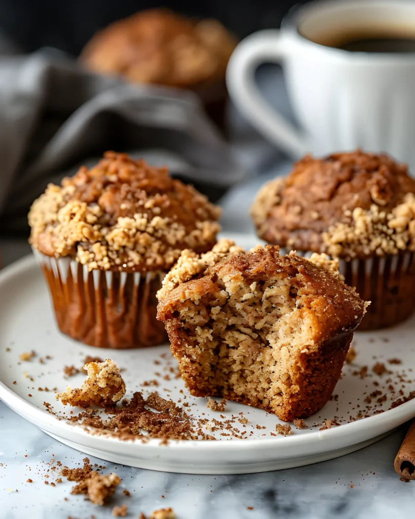 Coffee cake muffins with cinnamon crumb topping, one with a bite taken out, served with coffee on a marble background.