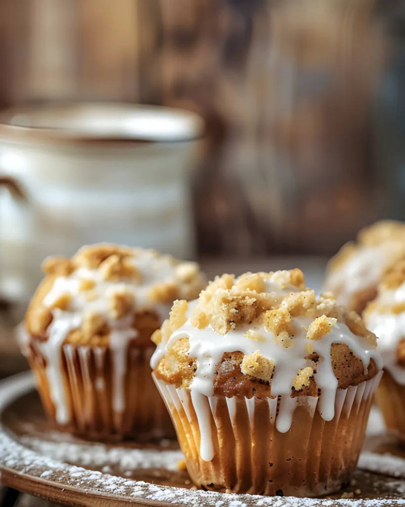 Freshly baked coffee cake muffins with crumb topping and vanilla glaze on a rustic wooden plate.