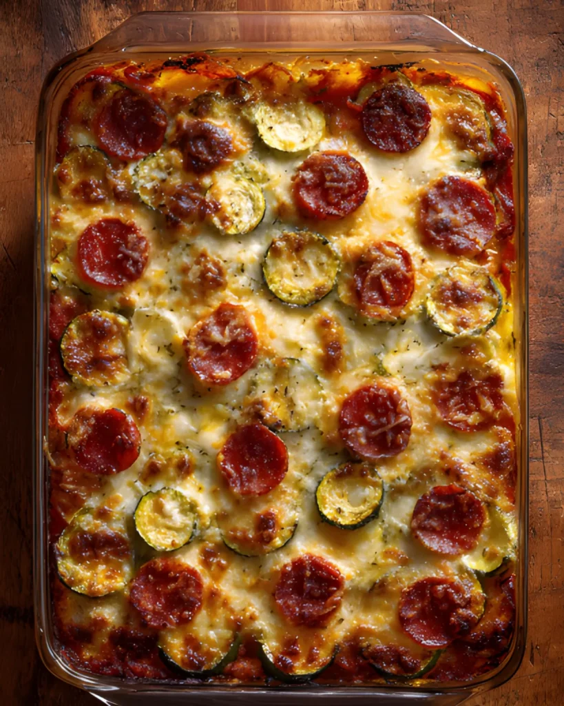 Comforting Zucchini Pizza Casserole baked with melted mozzarella, sliced zucchini, and crispy pepperoni in a glass baking dish