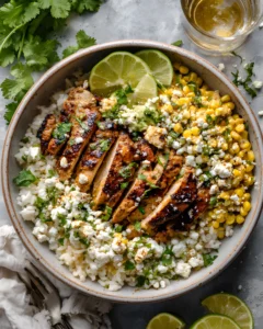 Corn Chicken Bowl with grilled sliced chicken, cotija cheese, corn, cilantro, lime, and rice in a rustic ceramic bowl.