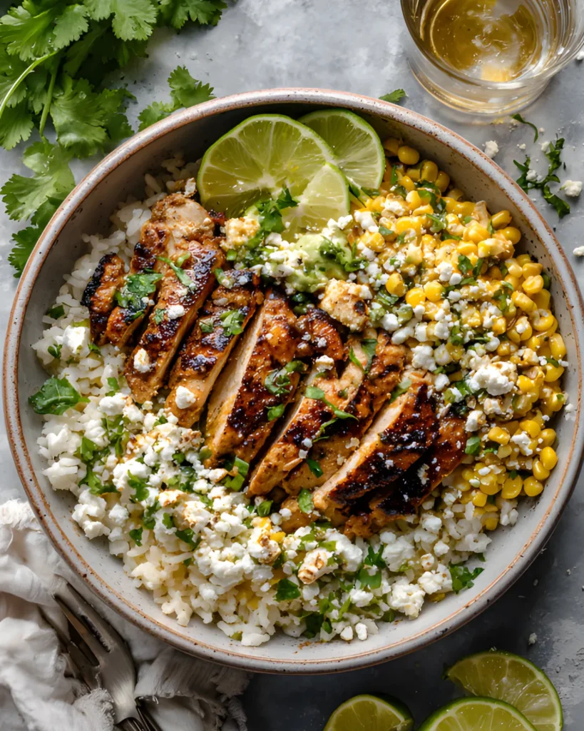 Corn Chicken Bowl with grilled sliced chicken, cotija cheese, corn, cilantro, lime, and rice in a rustic ceramic bowl.