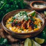Rustic bowl filled with grilled chicken, creamy corn, fresh cilantro, cotija cheese, and lime—finished Corn Chicken Bowl.